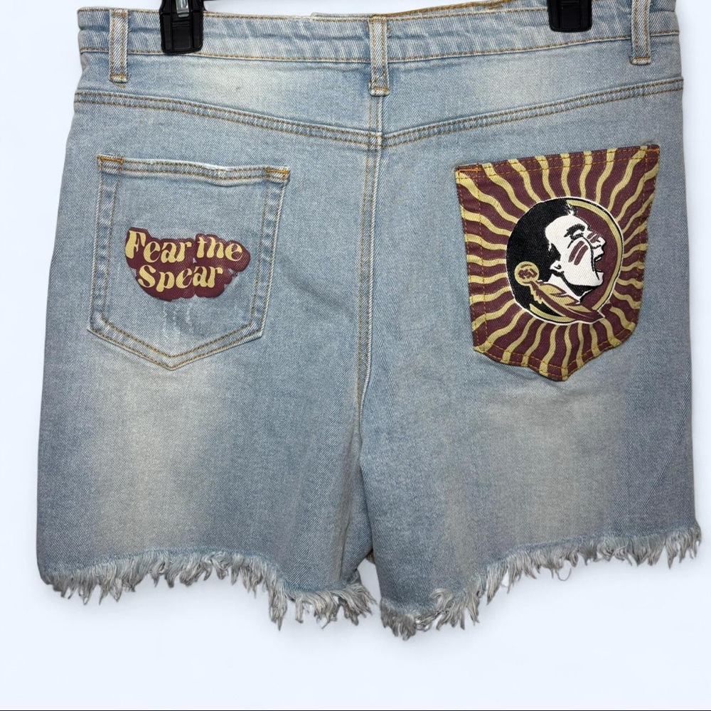 Denim Frayed Hem Shorts with FSU Graphic Patches